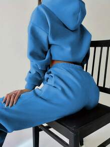 SHEIN Essnce 女性長袖連帽衫和運動長褲2入組 - 藍色 - 查看 2