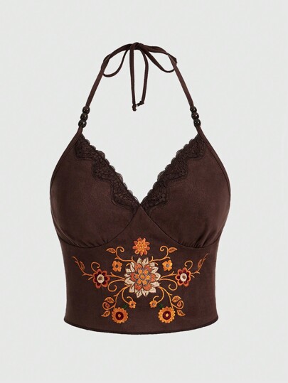 Hippie Top estilo veraniego bohemio vintage de los 90 con tirantes al cuello bordada con flores