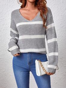 SHEIN Essnce 女士條紋v領毛衣 - 灰色 - 查看 1