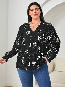 大尺碼女士花卉印花蕾絲拼接襯衫 - 黑色 - 查看 6