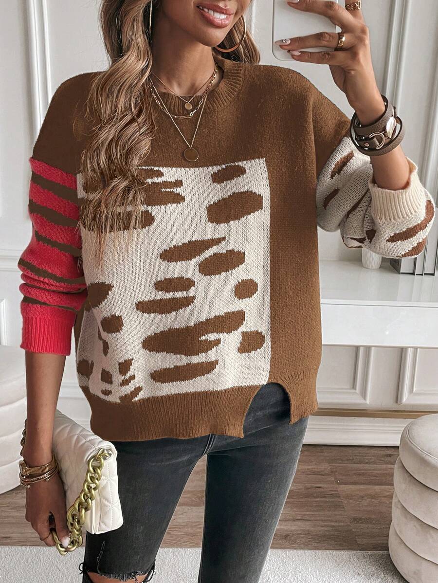 SHEIN LUNE 女士色塊分割毛衣 - 棕色 - 查看 1