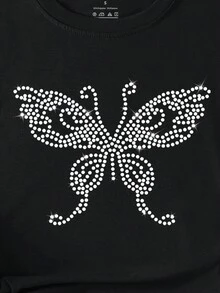 INAWLY 女款蝴蝶鑽石設計短袖t恤 - 黑色 - 查看 3