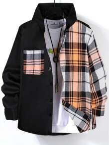 Manfinity Hypemode 男式宽松撞色格子连帽夹克 - 橘色 - 查看 1