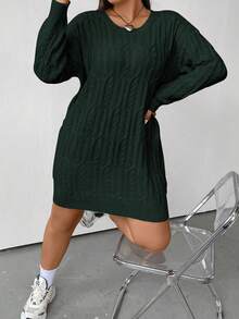 Flirla Plus Size Solid Color Cable Knitted Long Sleeve Sweater Dress - Green - View 5