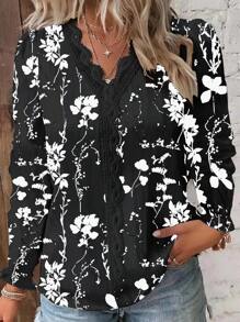 大尺碼女士花卉印花蕾絲拼接襯衫 - 黑色 - 查看 1