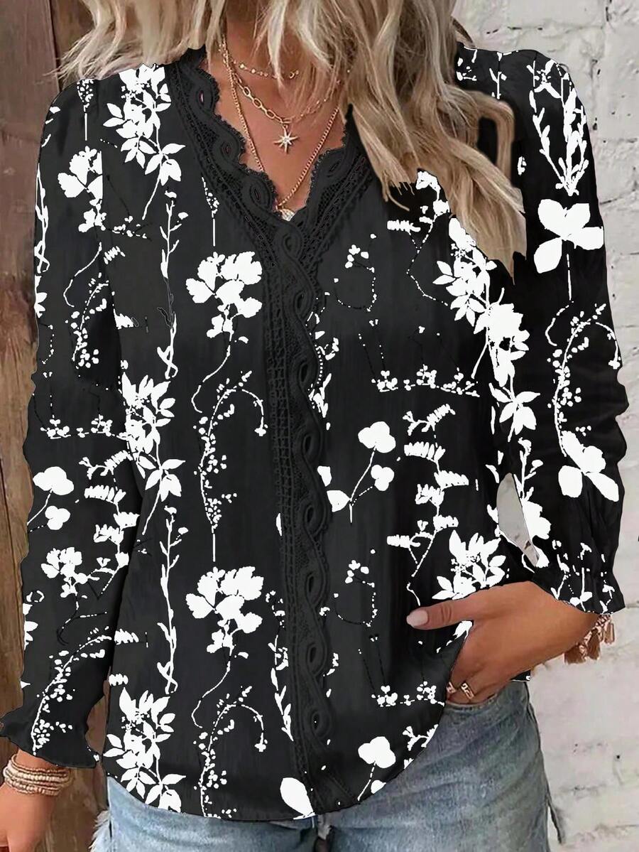 大尺碼女士花卉印花蕾絲拼接襯衫 - 黑色 - 查看 1