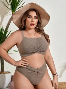 SHEIN Swim Curve Plus Size Women's Crossed Hem Bikini Set Wedding Summer Beach - Gold - View 1
