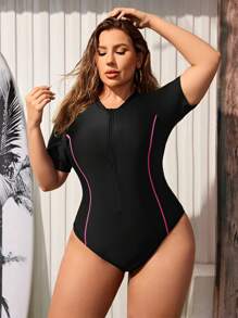 Swim SPRTY Plus Size Colorblock Monokini With Edge Trim - Maroon - View 1