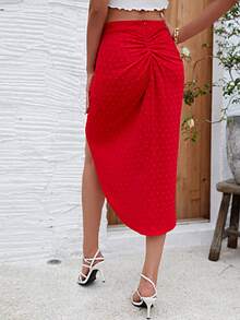 SHEIN Clasi Asymmetrical Hem Skirt With Pleat Details - Red - View 2