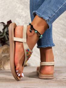 Women'S Flat Rhinestone Thong Sandals, Bohemian Vacation Style - Beige - View 2