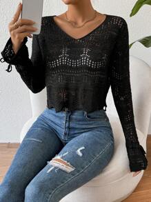 SHEIN LUNE Women's V-Neck Bell Sleeve Hollow Out Knit Sweater Knit Pullover Fall Winter Outfit - Black - View 5