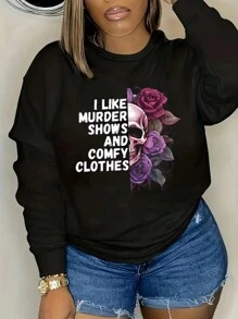 SHEIN EZwear Text And Skull Printed Round Neck Casual Sweatshirt - Black - View 1