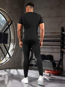 Manfinity Sport Corelite Men's Solid Color Comfortable Sports Suit, Athletic Suit, Tracksuit Workout Set Gym Set Workout Set - Black - View 2