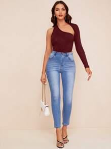 SHEIN Privé 女士單肩露肩連身衣 - 酒紅色 - 查看 4