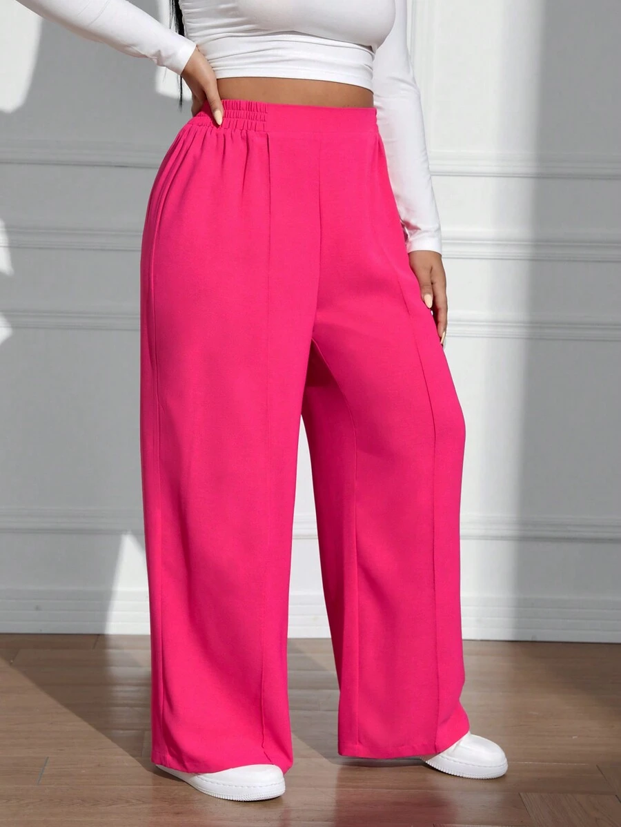 SHEIN EZwear 女士加大碼純色彈性腰寬腿褲子 - 玫紅色 - 查看 1