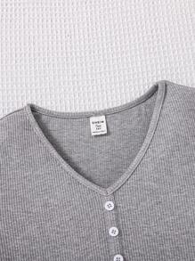 SHEIN Teen Girls' Knitted Ribbed V-Neck Casual T-Shirt - Grey - View 3