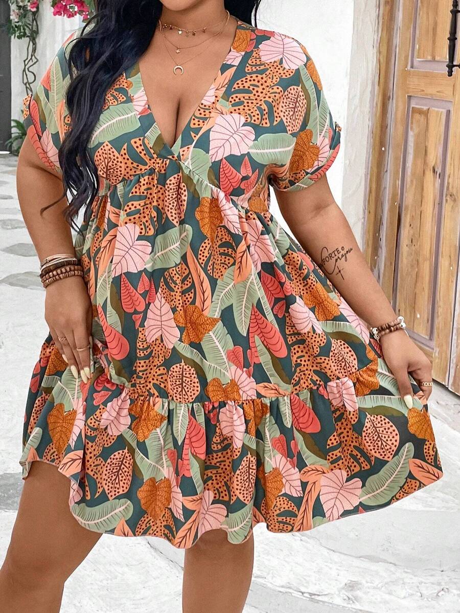 SHEIN Clasi Plus Size Women's Batwing Short Sleeve Summer Boho Dress With Plant Print - Multicolor - View 1