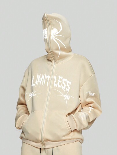 Goth Sudadera con capucha con cremallera y gráfico de araña y letras para hombres, Halloween