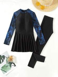 Swim Mulvari Summer Beach Women's Plant Print Raglan Long Sleeve Jumpsuit & Long Pants Swimsuit Set