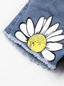 Little Girls' Floral Print Distressed Frayed Edge Denim Shorts - Light Wash - View 4