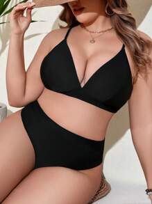 SHEIN Swim Curve Summer Beach Plus Size Jednokolorowe bikini z wysokim stanem Festiwal muzyczny
