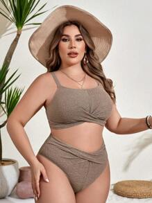 SHEIN Swim Curve Plus Size Women's Crossed Hem Bikini Set Wedding Summer Beach - Gold - View 4