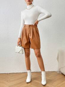 SHEIN Frenchy Women'S Pu Leather Shorts Summer Brown Casual - Brown - View 6
