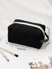 1pc Large Solid Color Simple Canvas Cosmetic Bag Suitable For Women's Outdoor Travel - Black - View 2
