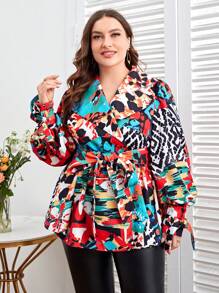 Sylvia Mollie Designer Business Casual Plus Allover Print Belted Coat, For Holiday, Vacation, Going Out, Spring, Festival, Ibiza Fits - Multicolor - View 4