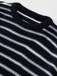 SHEIN Cottnline Men's Round Neck Striped Sweater - Navy Blue - View 4