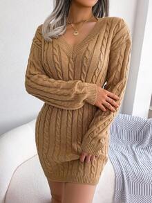 European & American Fashion Waist Cinching Cable Knit Bodycon Dress, Autumn/Winter - Khaki - View 3