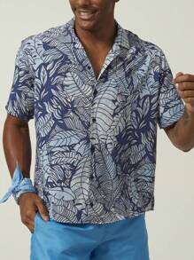 Nam Bản in nhiệt đới Áo sơ mi - Màu xanh lam - Xem 1