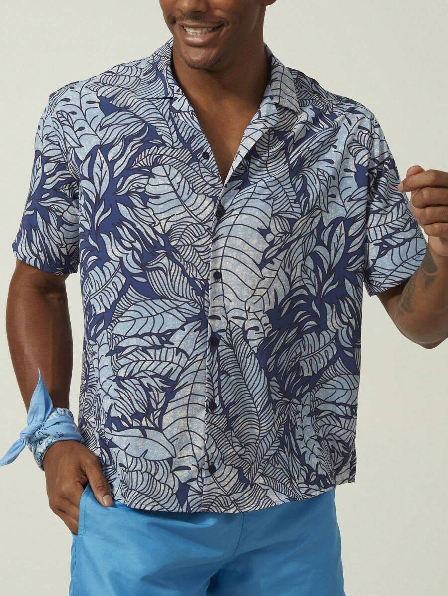 Nam Bản in nhiệt đới Áo sơ mi - Màu xanh lam - Xem 1