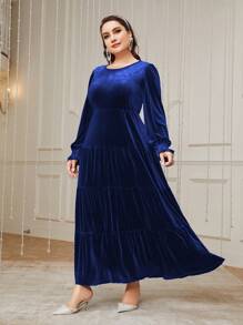 Modelyn Plus Size Velvet Round Neck Long Sleeve Dress - Royal Blue - View 3