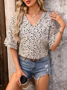 SHEIN LUNE Áo sơ mi nữ cổ chữ V Ruffle Edge & tay loe Ditsy in hoa thông thường dành cho kỳ nghỉ - Nhiều màu - Xem 4