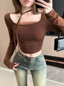 DAZY 宴会和返校派对领口网眼撞色长袖 T 恤外出上衣、秋装 - 咖啡棕 - 查看 8