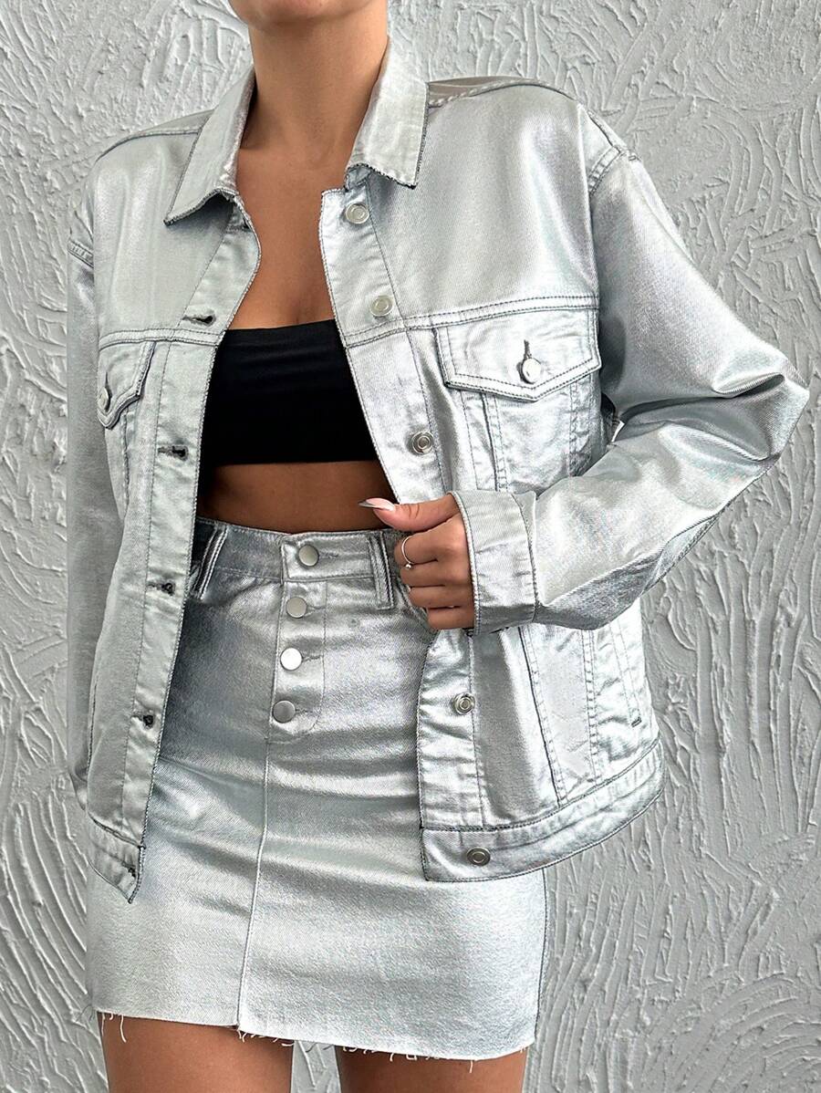 EURMUSE Women Grey Coated Jacket - Grey - View 1