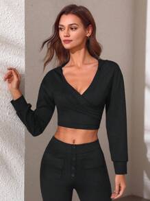 SHEIN Sports Women's Cropped Hooded Sports Sweatshirt - Black - View 3