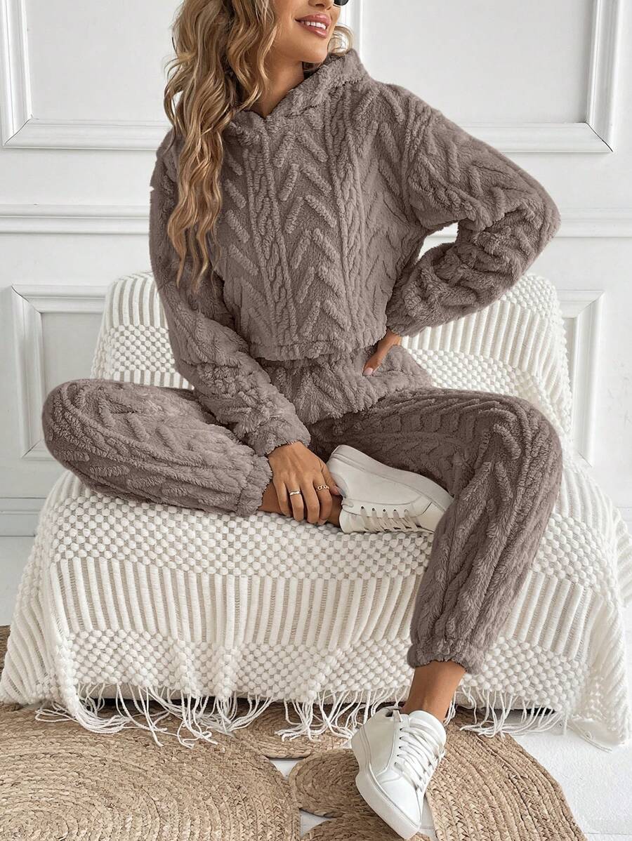 SHEIN LUNE Conjunto De Dos Piezas Texturizado Con Flecos De Peluche Para Mujer - Gris - Ver 1