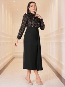 Modelyn Women's Colorblock & Sparkly Panel Drape Side Dress Without Belt - Black - View 5