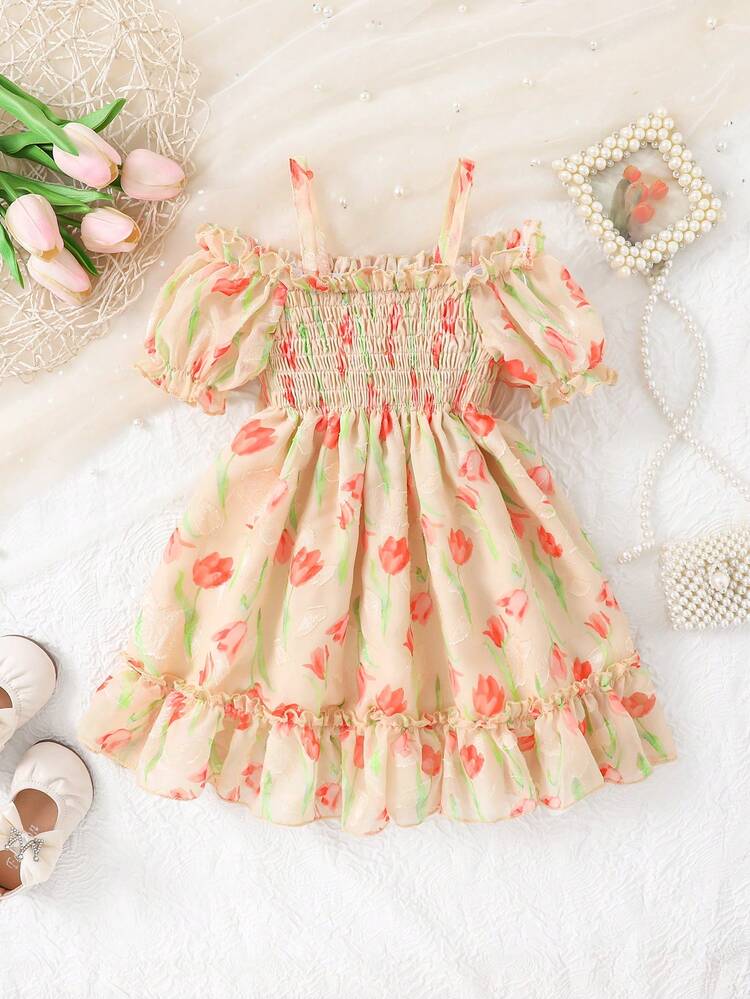 Baby Girl Casual, Elegant, Cute And Fun Tulip Pattern Printed Dress With Puff Sleeves, Suitable For Outdoor Activities In Spring And Summer
