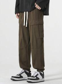 Men's Cargo Pants With Drawstring Waist And Elastic Cuffs - Coffee Brown - View 1
