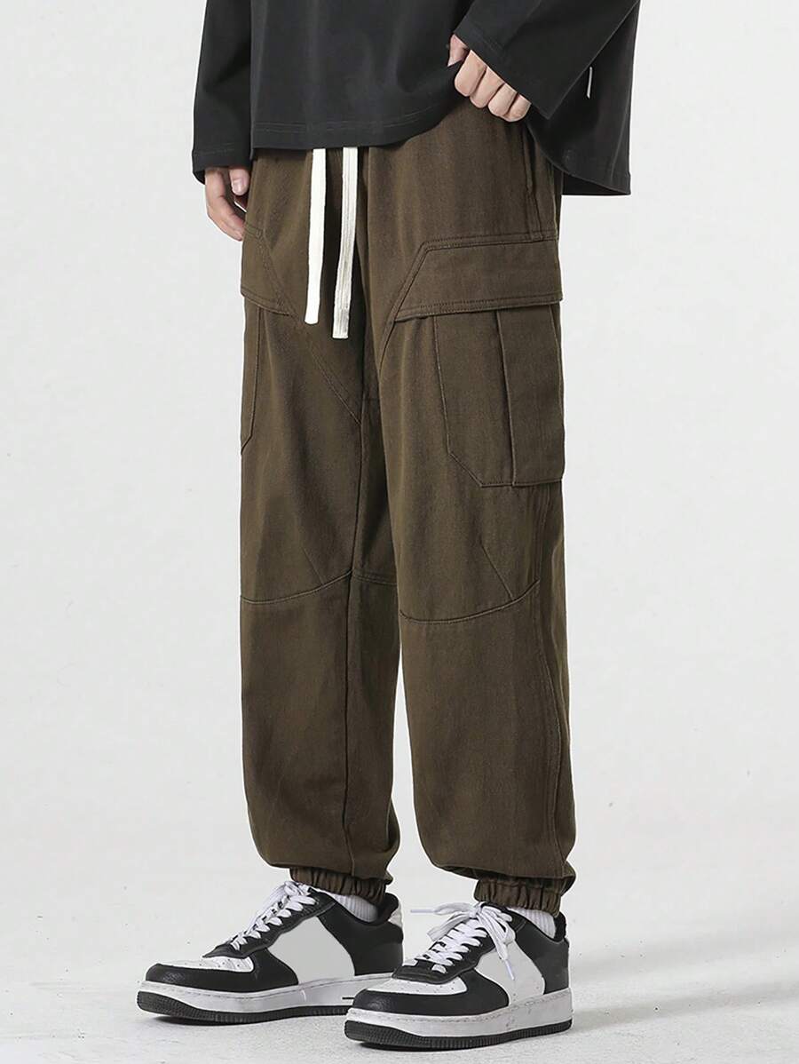 Men's Cargo Pants With Drawstring Waist And Elastic Cuffs - Coffee Brown - View 1