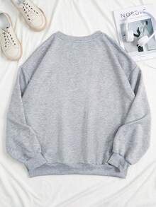 Plus Size Women's Slogan Print Crew Neck Sweatshirt - Grey - View 2