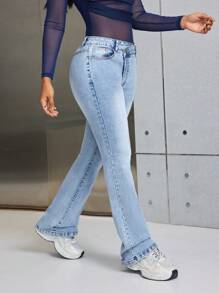 SHEIN SXY 女士丹寧喇叭褲 - 藍色 - 查看 3