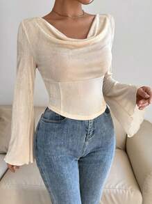Chiquease Draped Collar Bell Sleeve T-Shirt Fall Cloth For Women - Apricot - View 1