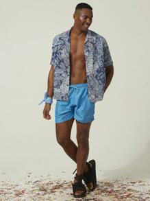 Nam Bản in nhiệt đới Áo sơ mi - Màu xanh lam - Xem 4