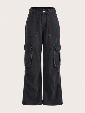Grunge Punk Wall Gray Cargo Pocket Street Punk Cool Loose Floor-Length Denim Trousers