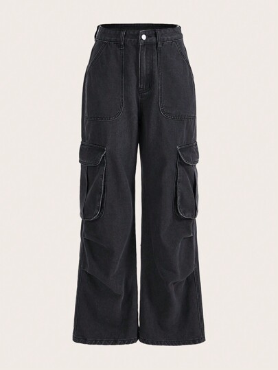 Grunge Punk Wall Gray Cargo Pocket Street Punk Cool Loose Floor-Length Denim Trousers