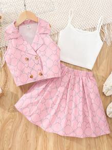 Tween Girls' Solid Color Tank Top And Heart Print Vest And Skirt Outfit - Pink - View 1